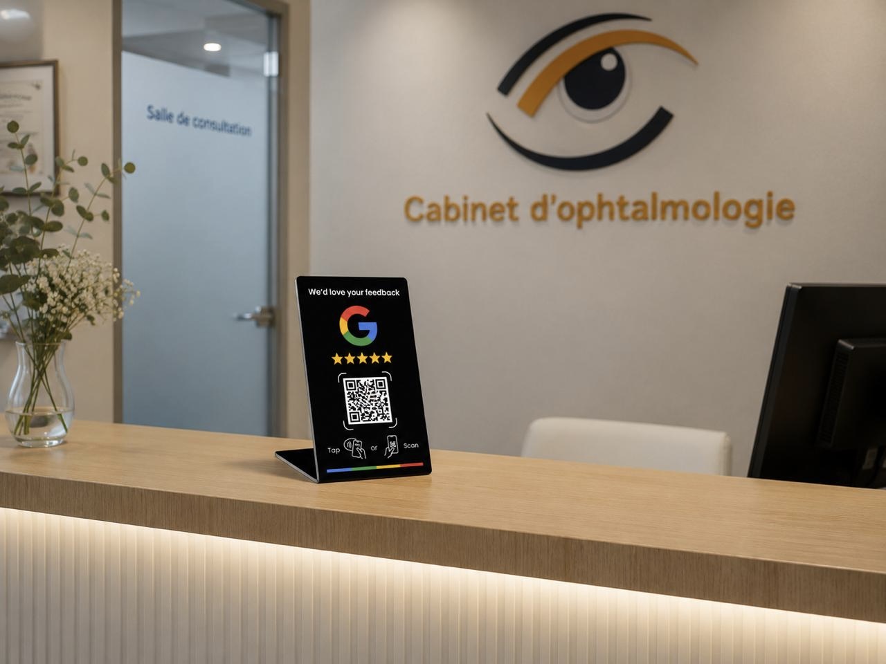 Tag Tap4Review installé dans un accueil clinique