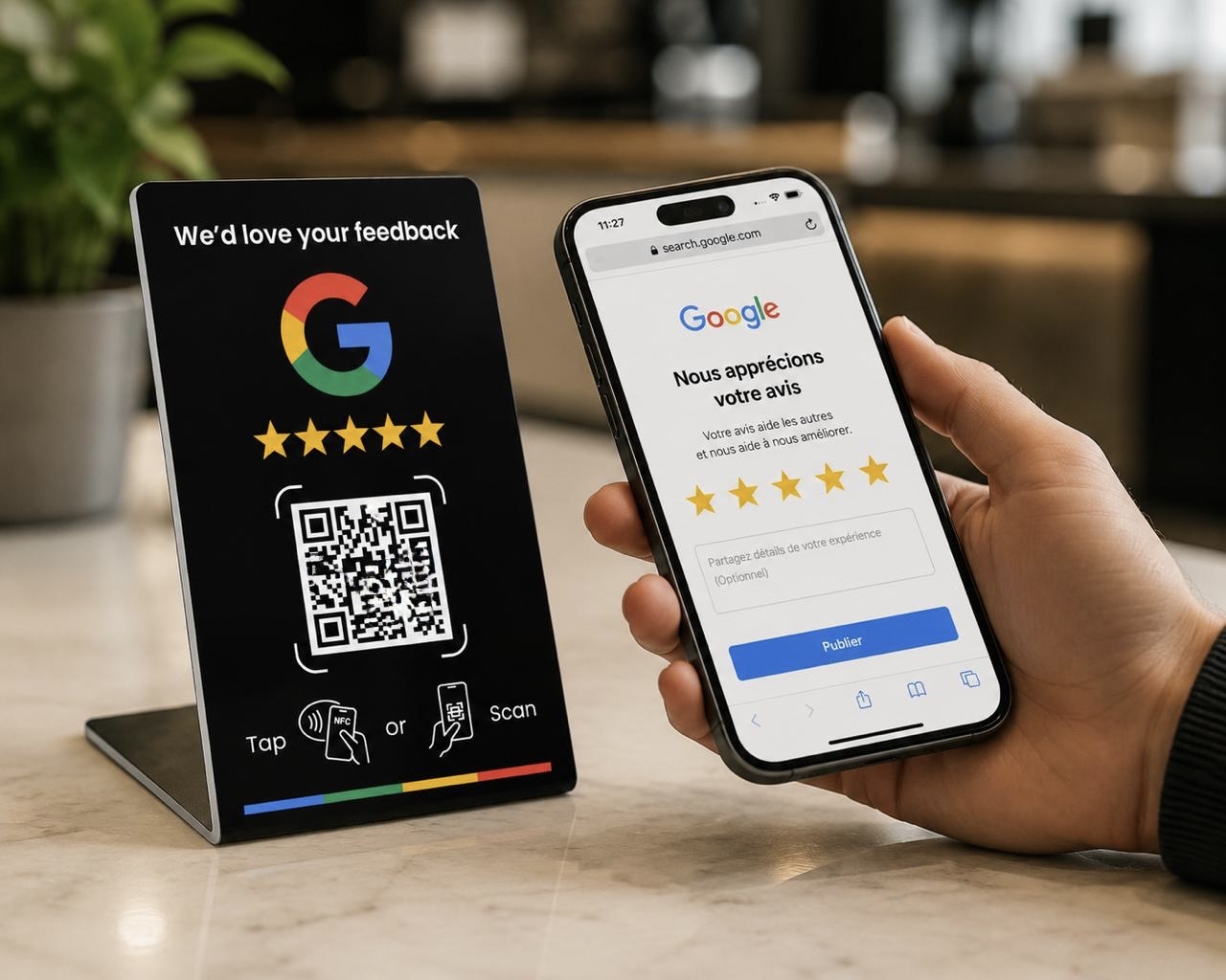 Tag Tap4Review Avis Google utilisé avec un smartphone