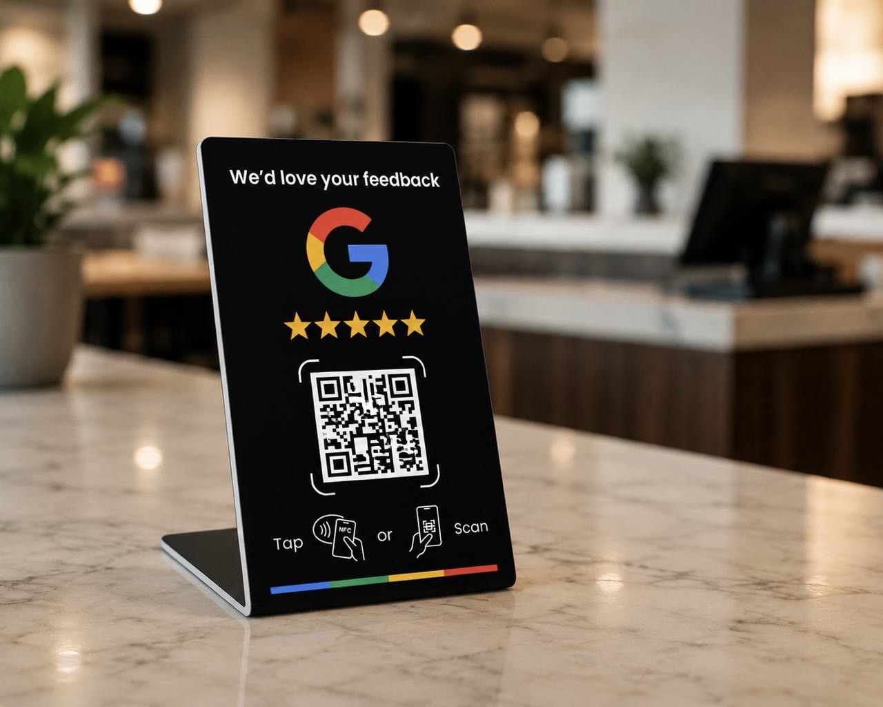 Présentoir Tap4Review noir pour avis Google sur un comptoir